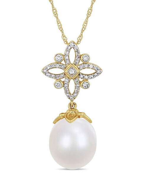 South Sea Cultured Pearl (11-12mm) and Diamond (1/4 ct. t.w.) Floral Drop 17" Necklace in 14k Yellow Gold