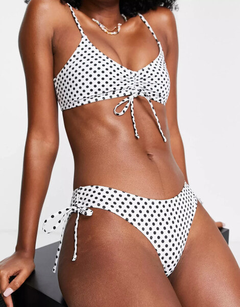 Topshop polka dot ruche side high leg bikini bottom in white