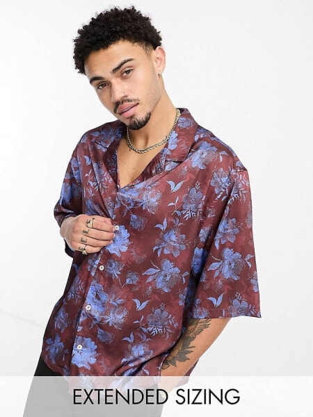 ASOS DESIGN dropped shoulder oversized revere satin shirt in brown floral