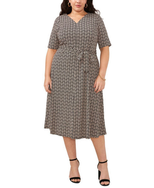 Plus Size Printed V-Neck Elbow-Sleeve Midi Dress