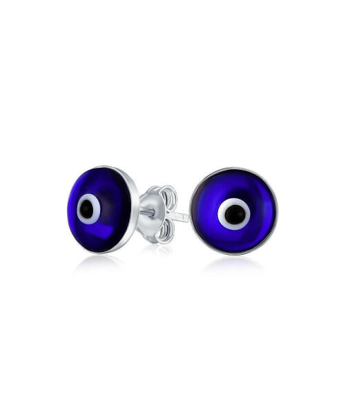 Spiritual Round Navy Blue Nazar Evil Eye Stud Earrings For Women Murano Glass Sterling Silver 9MM