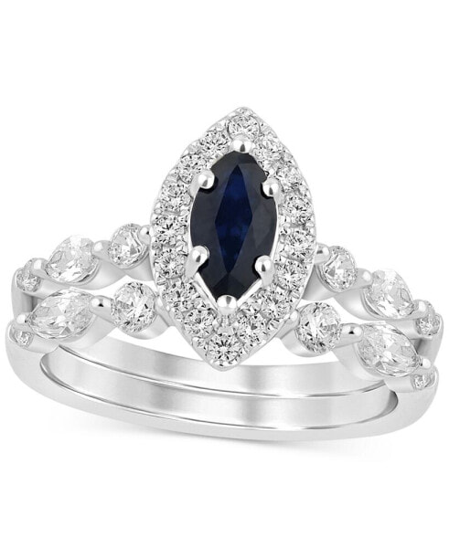 Sapphire (5/8 ct. t.w.) & Diamond (7/8 ct. t.w.) Halo Bridal Set in 14k White Gold