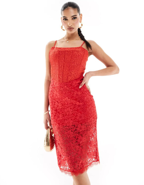 Rare London strappy corset lace midi dress in red