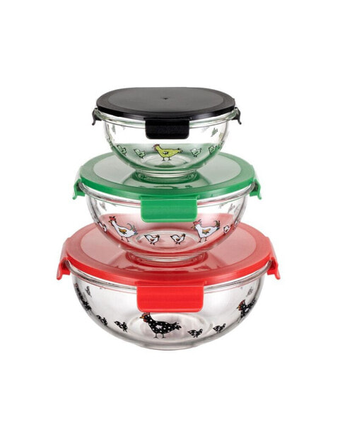 3 Pc Round Container Borosilicate Glass Nesting Salad and Mixing Bowl Set with Snap-on Lids