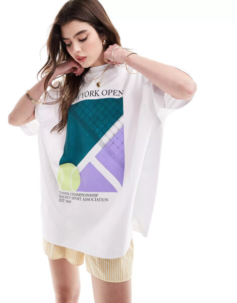 ASOS DESIGN oversized t-shirt with new york open tennis graphic in white