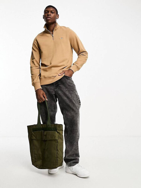 GANT shield logo half zip sweatshirt in khaki tan