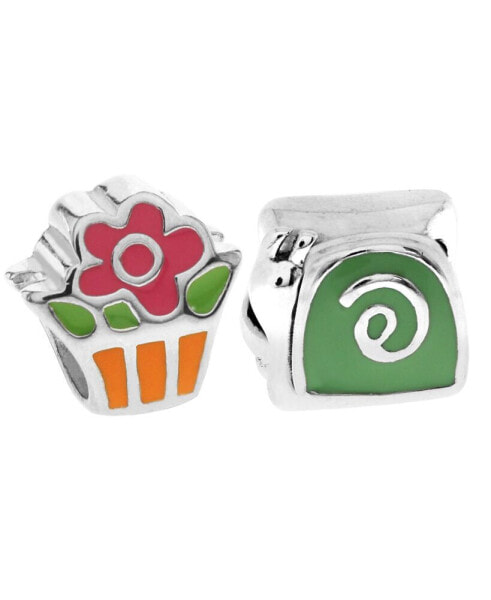 Children's Enamel Snail Flower Bead Charms - Set of 2 in Sterling Silver