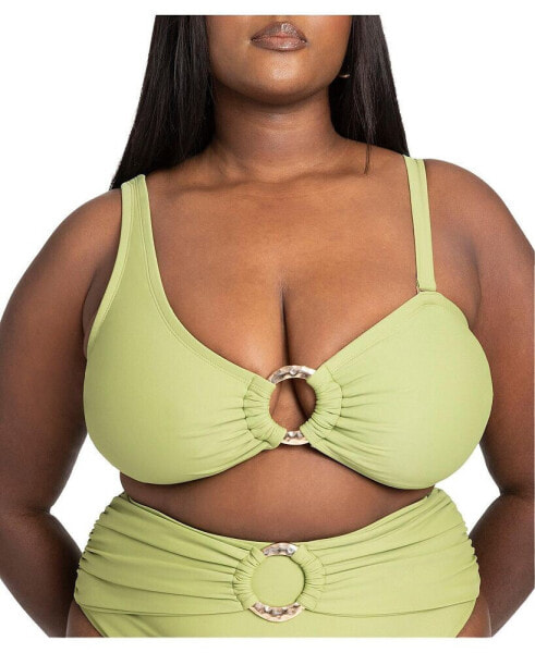 Plus Size One Shoulder Ring Hardware Bikini Top - 18, Sage Green