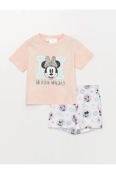 LCW Kids Bisiklet Yaka Minnie Mouse Baskılı Kısa Kollu Kız Çocuk Şortlu Pijama Takımı