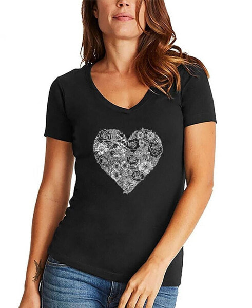 Women's Heart Flowers Word Art V-Neck T-shirt