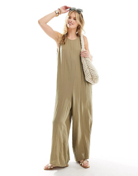 ASOS DESIGN crew neck culotte romper jumpsuit in taupe