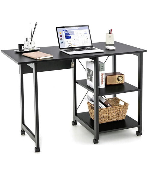 Rolling Computer Desk Folding Writing Office Desk w/ Storage Shelves