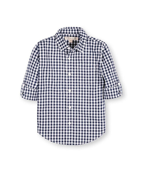 Boys Organic Long Sleeve Stretch Poplin Roll-Up Button Down Shirt, Infant