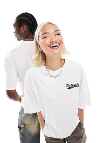 COLLUSION Unisex varsity logo t-shirt in white