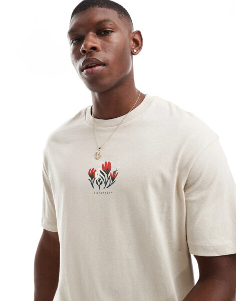 Selected Homme oversized t-shirt with floral chest print in tan