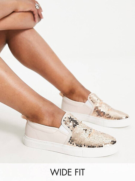 ASOS DESIGN Wide Fit Dreamy slip on trainers in rose gold sequin