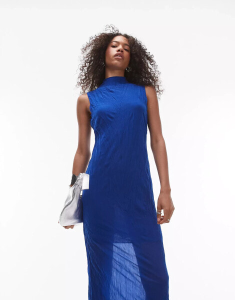 Topshop sleeveless relaxed crinkle midi dress in cobalt