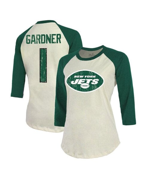Women's Threads Ahmad Sauce Gardner Cream, Green New York Jets Player Name and Number Raglan 3/4-Sleeve T-shirt