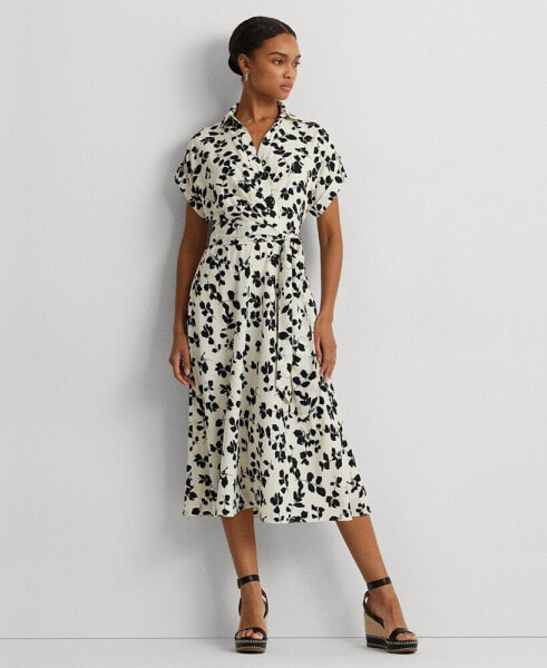 Women's Leaf-Print Belted Crepe Dress