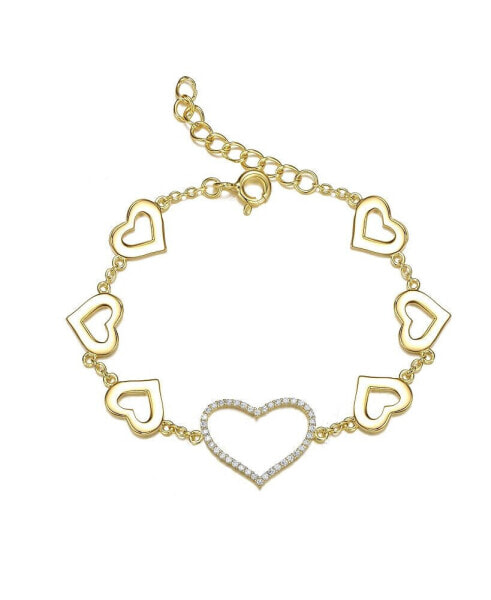 14k Yellow Gold Plated with Cubic Zirconia Heart Halo Charm Kids/Teens Bracelet in Sterling Silver