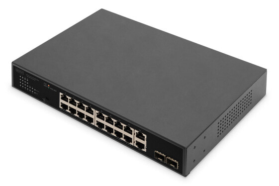 DIGITUS 16-Port Gigabit PoE Networkswitch, 19 Zoll, unmanaged,2 Uplink Ports, SFP