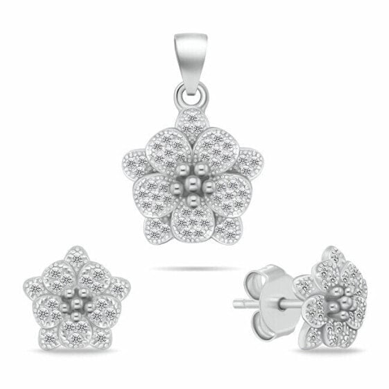 Floral Silver Zircon Jewelry Set SET264W (Earrings, Pendant)