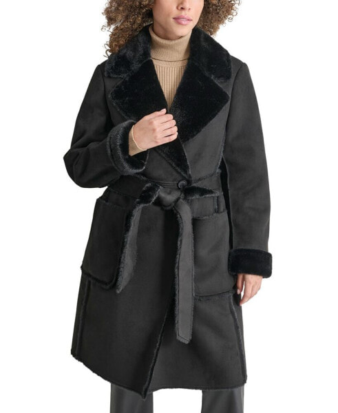 Women's Belted Notched-Collar Faux-Shearling Coat, Created for Macy's