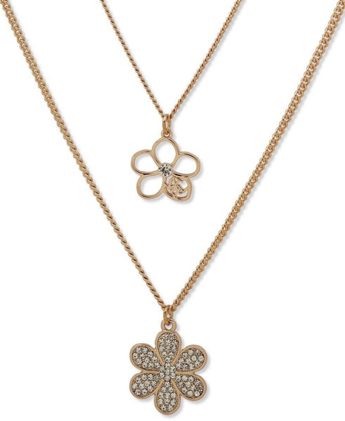 Gold-Tone Crystal Flower Two-Row Necklace, 16" + 3" extender