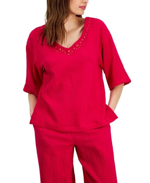 Petite Embellished Elbow-Sleeve Textured Cotton Top, Created for Macy's