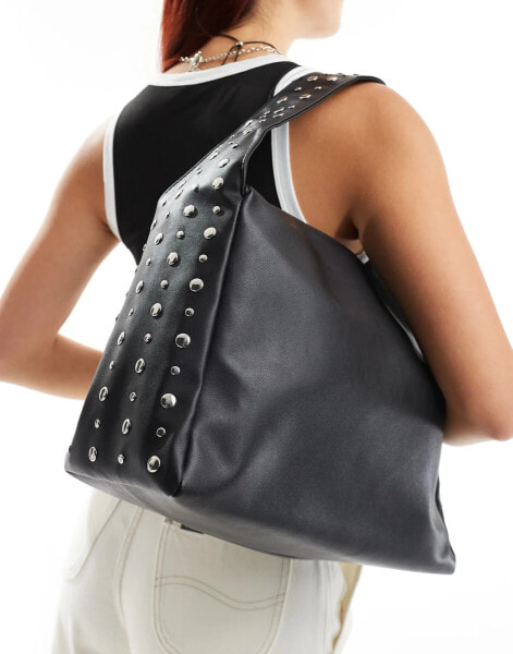 Glamorous studded shoulder tote bag in black