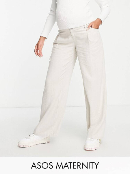 ASOS DESIGN Maternity wide leg trouser with linen in oatmeal