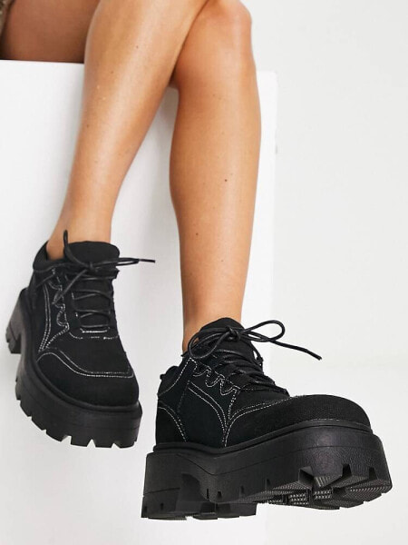 ASOS DESIGN Mattie square toe chunky lace up shoes in black canvas