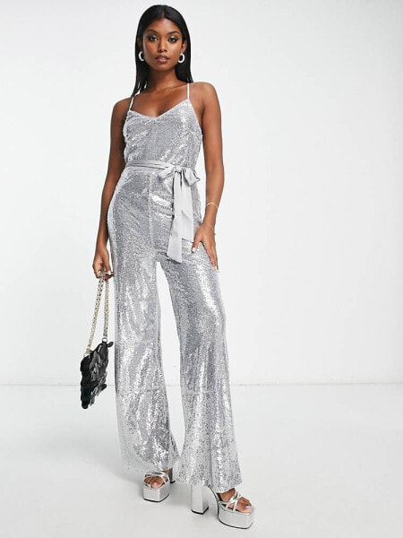 Extro & Vert cami wide leg jumpsuit in silver sequin