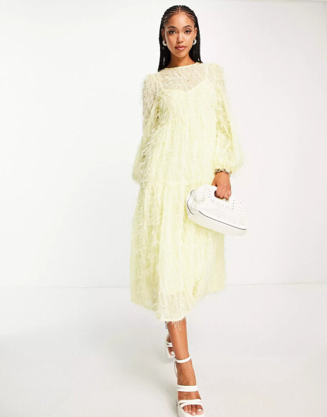 ASOS DESIGN tiered midi dress in fluffy texture in pale yellow