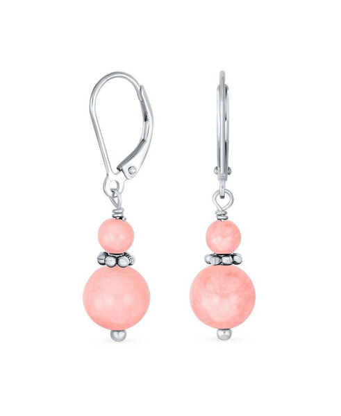 Gemstone Natural Pink Coral Boho Bali Milgrain Edged Beaded Rondel Separator Double Ball Round Drop Dangle Earrings Sterling Silver Lever back