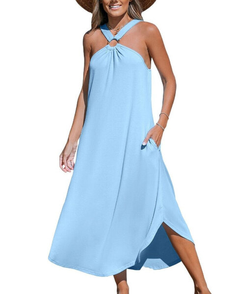 Women's Light Blue High Neck Sleeveless Maxi Beach Dress