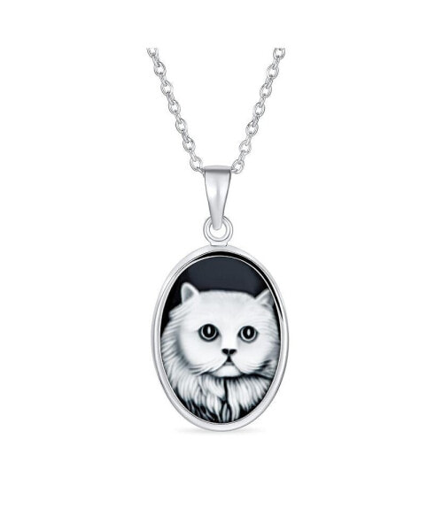 Antique Style Simulated Black Onyx Sitting White Grey Kitten Kitty Cat Portrait Cameo Pendant Necklace For Women Teen .925 Sterling Silver