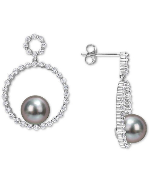 Black Cultured Tahitian Pearl (8mm) & White Sapphire (1-1/10 ct. t.w.) Circle Drop Earrings in 10k White Gold