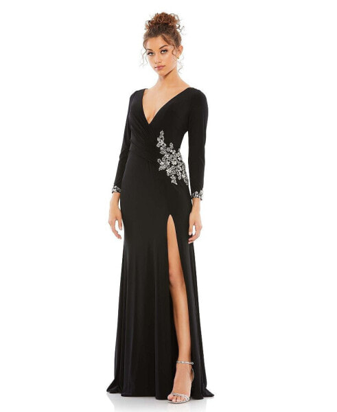 Women's Ieena Floral Embellished Faux Wrap Jersey Gown