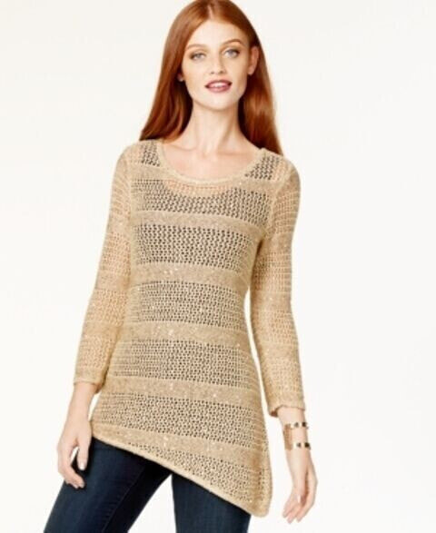 Inc International Concepts Women's Crochet Sequin Asymmetrical Sweater Gold XL
