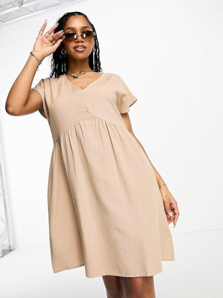 Pieces linen v-neck mini dress in beige