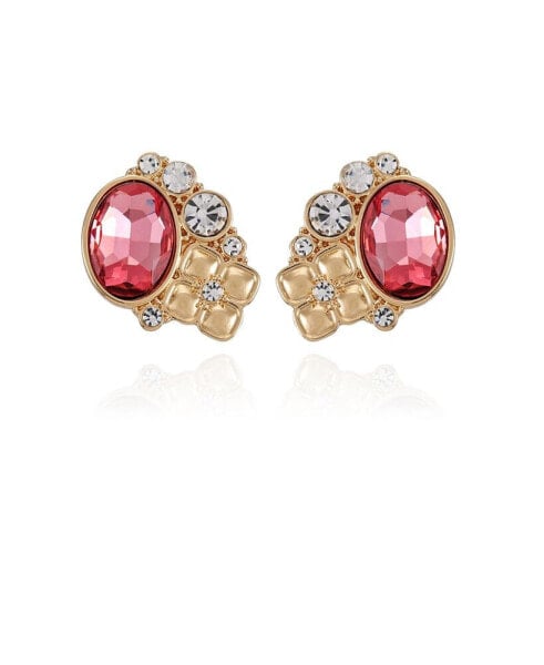 Gold-Tone Rose Glass Stone Clip On Earrings