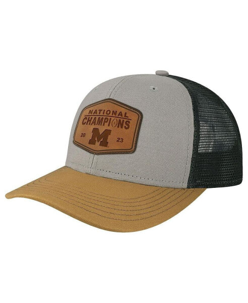 Men's Heather Gray, Tan Michigan Wolverines College Football Playoff 2023 National Champions Mid-Pro Leather Trucker Adjustable Hat