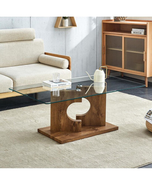 Кофейный столик простой и модный Simplie Fun с стеклянной столешницей и деревянными ножками. Идеально подходит для гостиной. 47.2"x25.5"x18"