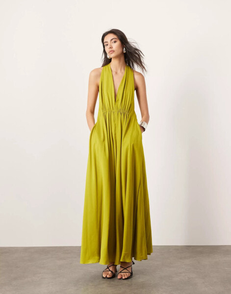 ASOS EDITION satin halter maxi dress with pockets ruched detail in chartreuse