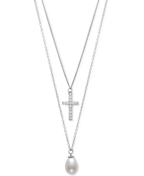 Cultured Freshwater Pearl (8mm) & Cubic Zirconia Cross Layered Necklace in Sterling Silver, 16" + 1" extender