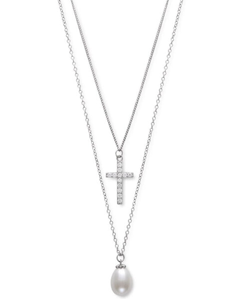 Belle de Mer cultured Freshwater Pearl (8mm) & Cubic Zirconia Cross Layered Necklace in Sterling Silver, 16" + 1" extender