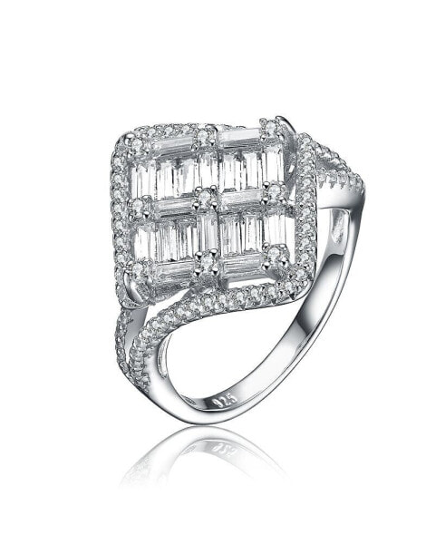 Sterling Silver White Gold Plated Square & Clear Cubic Zirconia Fashionista Ring