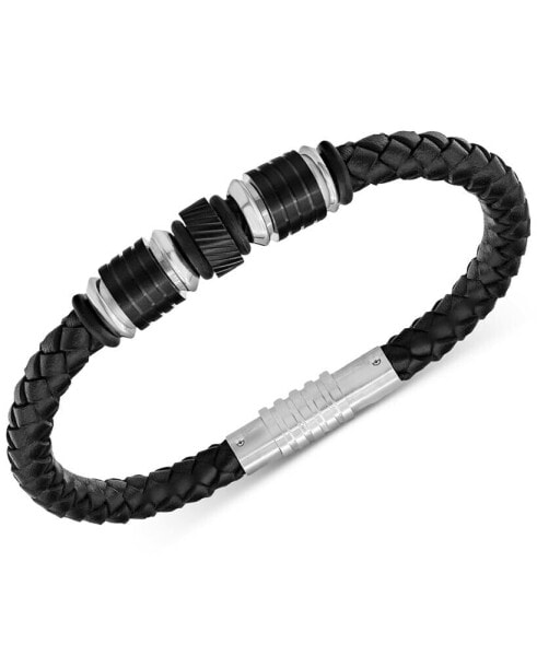 Men's Beaded Black Leather Bracelet in Stainless Steel & Black Ion-Plate