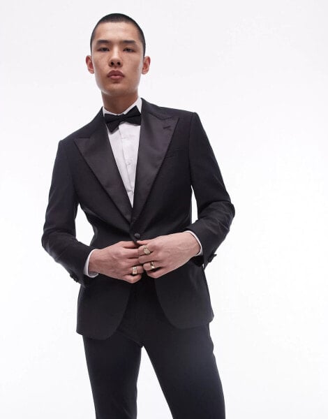 Topman skinny premium wool rich tux jacket in black